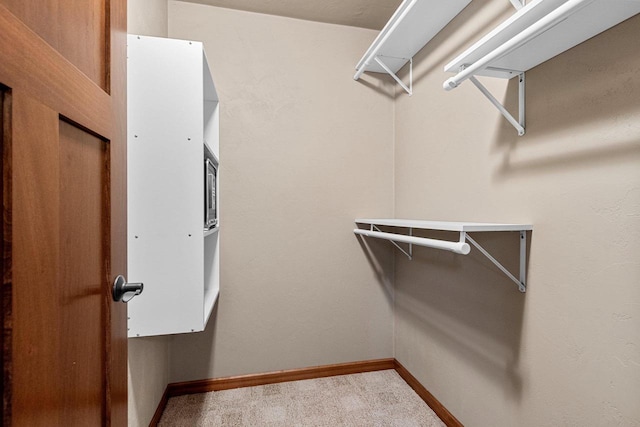 walk in closet with carpet floors