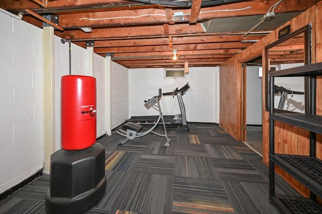 exercise area with dark colored carpet and concrete block wall