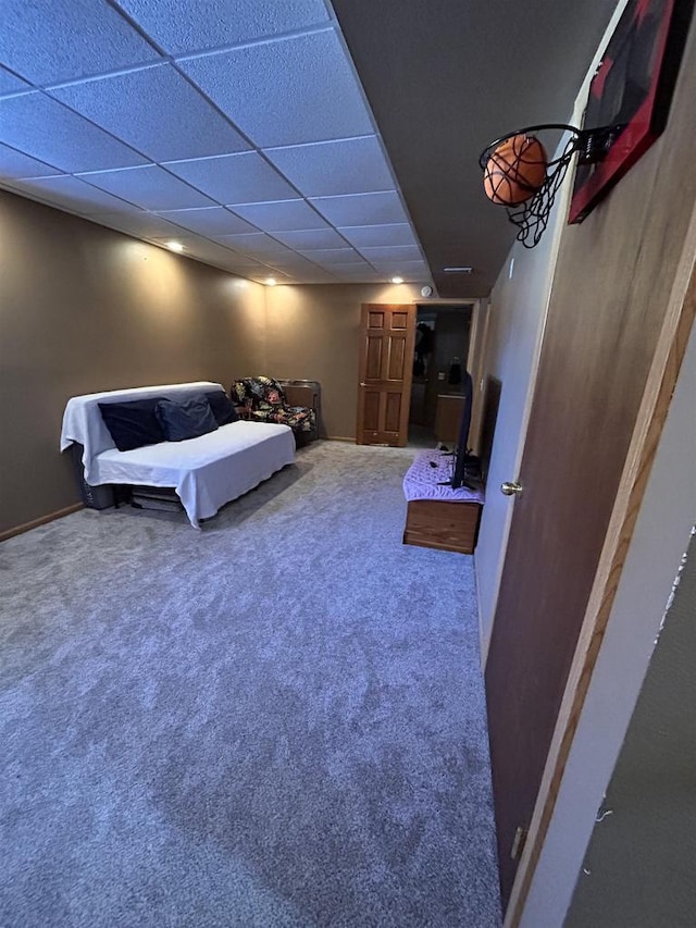 bedroom featuring carpet floors and a drop ceiling