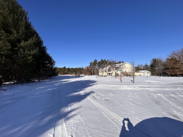 yard covered in snow featuring an outbuilding