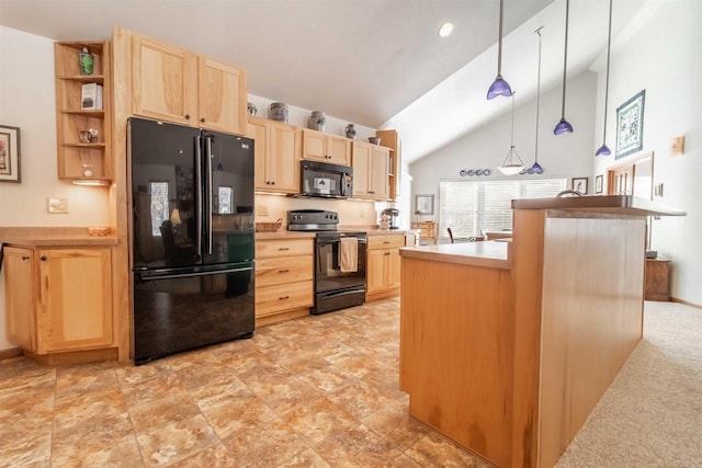 kitchen featuring black appliances, light brown cabinetry, light countertops, and decorative light fixtures