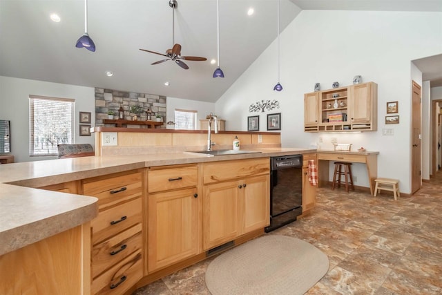 kitchen featuring a sink, light countertops, dishwasher, and light brown cabinetry