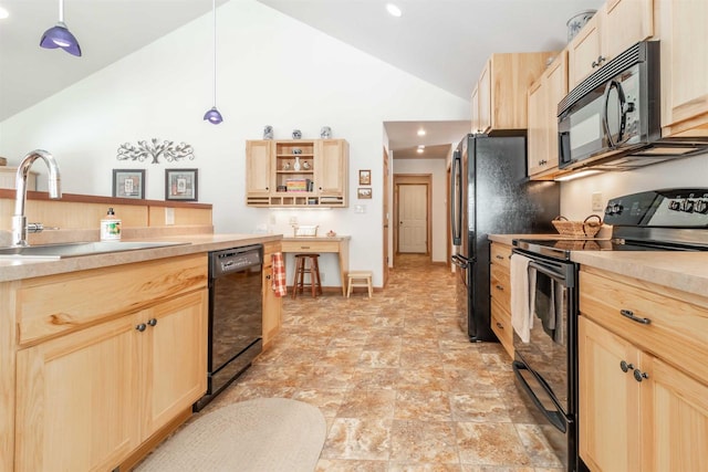 kitchen with open shelves, lofted ceiling, light brown cabinetry, a sink, and black appliances