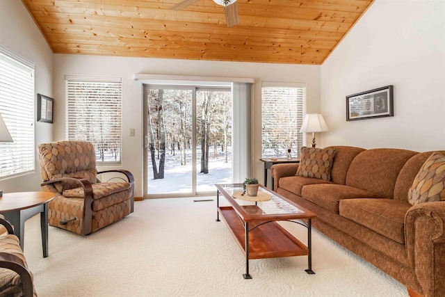 carpeted living room with wood ceiling and vaulted ceiling