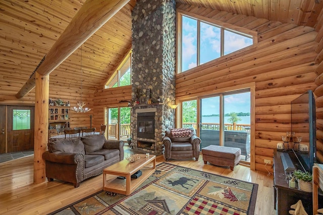 living area featuring beam ceiling, a fireplace, log walls, wood ceiling, and hardwood / wood-style floors