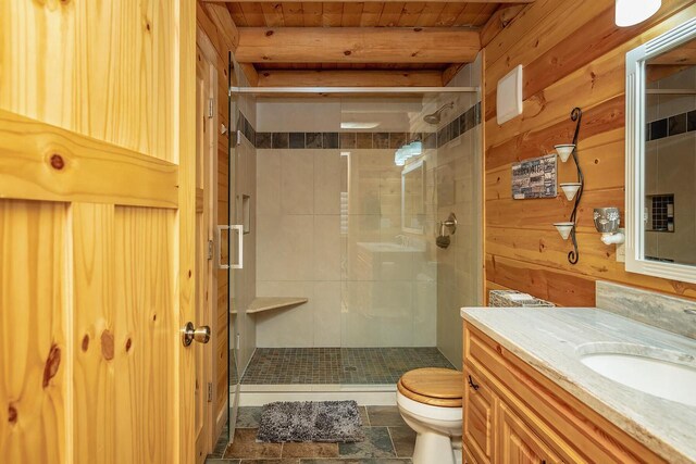 full bathroom with toilet, wooden walls, wood ceiling, vanity, and a shower stall