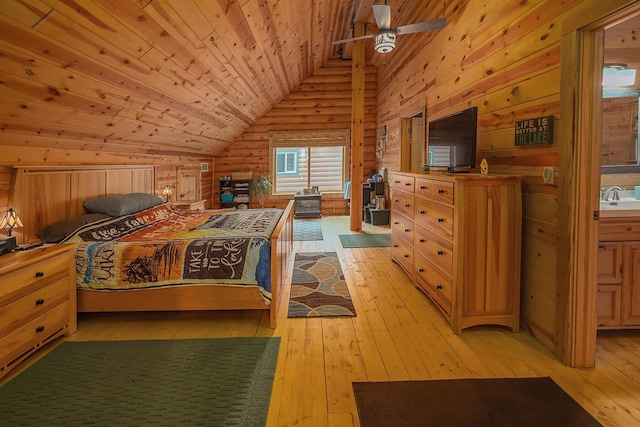 bedroom with vaulted ceiling, light wood-type flooring, a sink, and wood ceiling