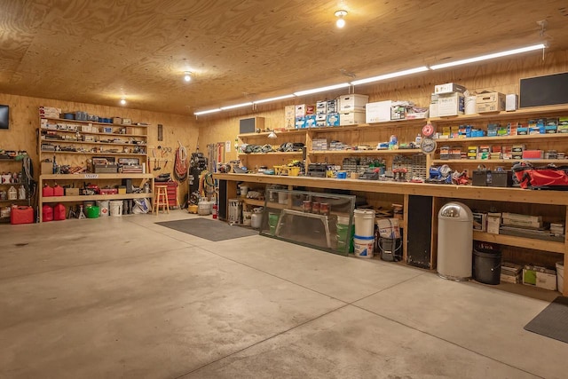 garage with a workshop area