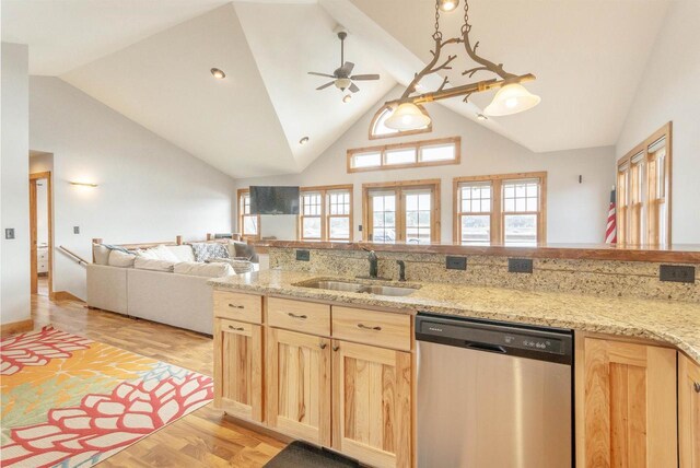 W5611 32nd St, New Lisbon, WI 53950 - kitchen with a sink, open floor plan, stainless steel dishwasher, and light brown cabinetry