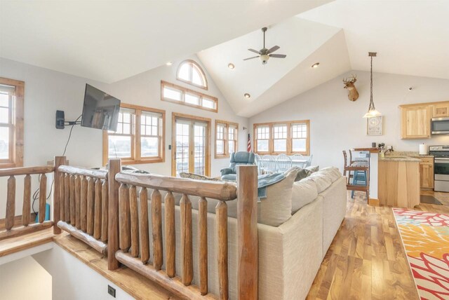 W5611 32nd St, New Lisbon, WI 53950 - living room with ceiling fan, high vaulted ceiling, light wood-type flooring, and recessed lighting