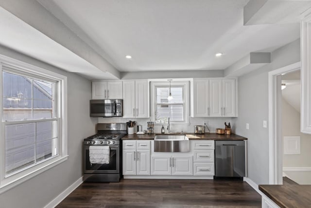 kitchen featuring dark wood-style floors, a healthy amount of sunlight, stainless steel appliances, and a sink