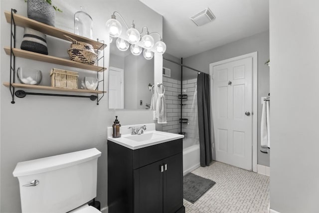 full bath featuring visible vents, toilet, shower / bath combination with curtain, and tile patterned flooring