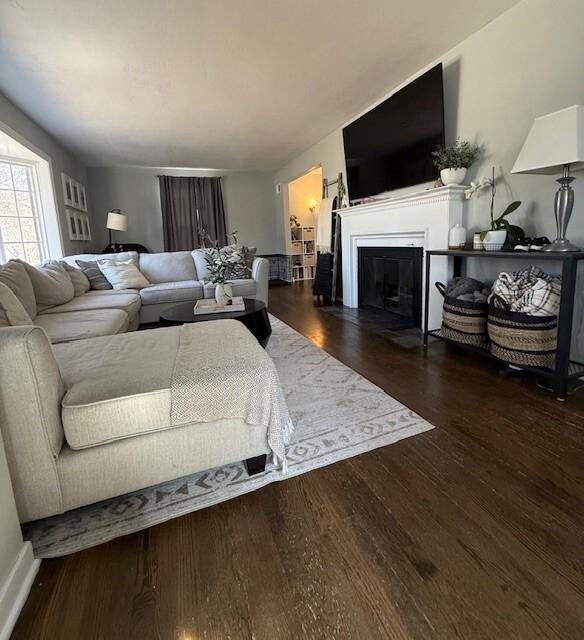 living area with a fireplace with flush hearth and wood finished floors