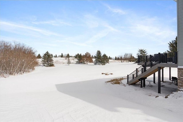 yard layered in snow with stairs