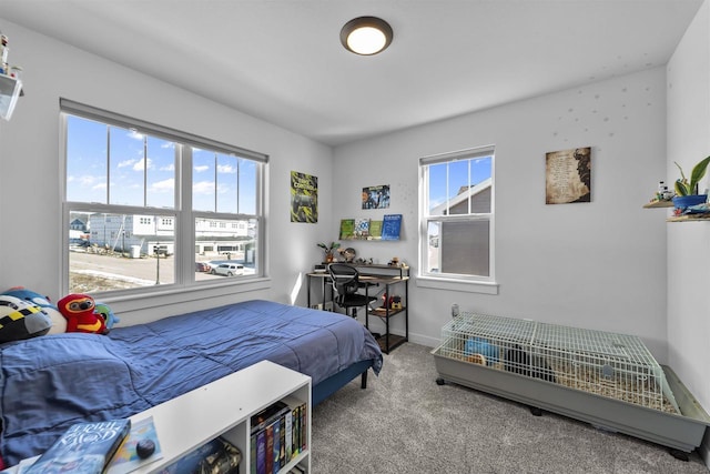 bedroom featuring carpet floors, multiple windows, and baseboards