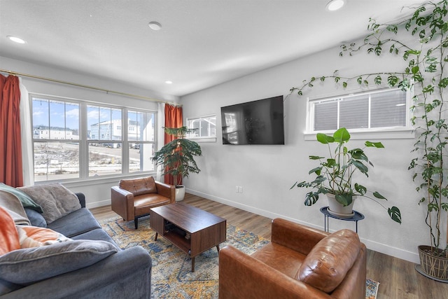 living room with recessed lighting, baseboards, and wood finished floors