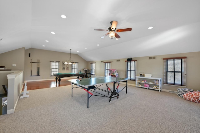 playroom featuring lofted ceiling, recessed lighting, billiards, and visible vents