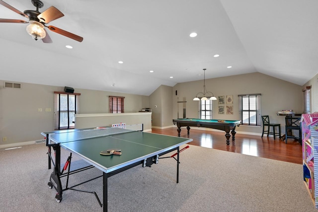 game room featuring billiards, visible vents, lofted ceiling, recessed lighting, and ceiling fan