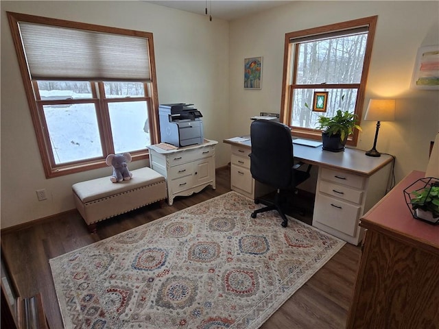 office featuring dark wood-type flooring and a healthy amount of sunlight