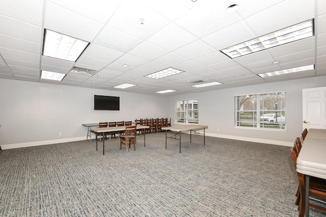 playroom with carpet, visible vents, a paneled ceiling, and baseboards