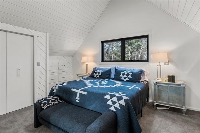 carpeted bedroom with wood ceiling and vaulted ceiling