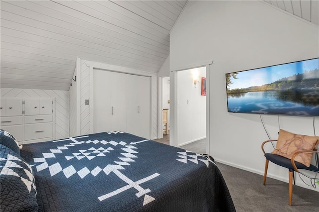 carpeted bedroom featuring wood ceiling, baseboards, and vaulted ceiling