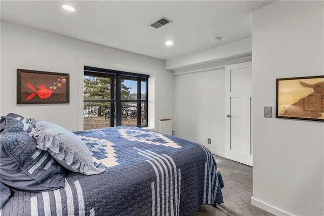 carpeted bedroom with baseboards, visible vents, and recessed lighting