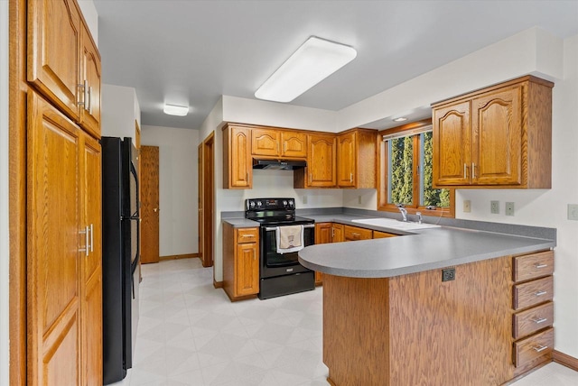 kitchen with brown cabinetry, a peninsula, under cabinet range hood, black appliances, and a sink