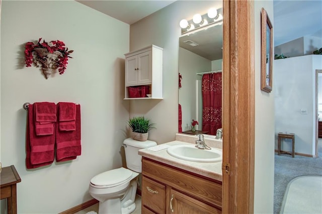 full bathroom featuring baseboards, visible vents, vanity, and toilet