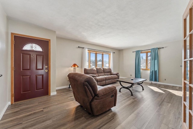 living room with a textured ceiling, baseboards, and wood finished floors