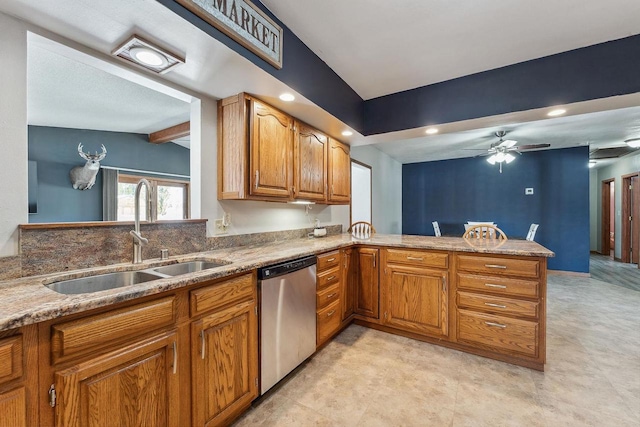 kitchen featuring dishwasher, brown cabinets, vaulted ceiling with beams, a peninsula, and a sink