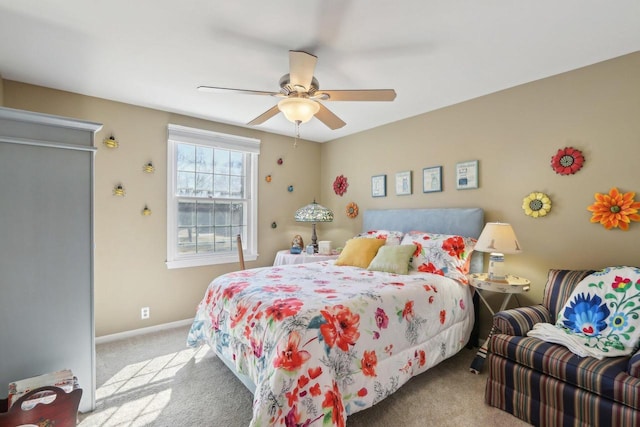 bedroom featuring carpet floors, ceiling fan, and baseboards