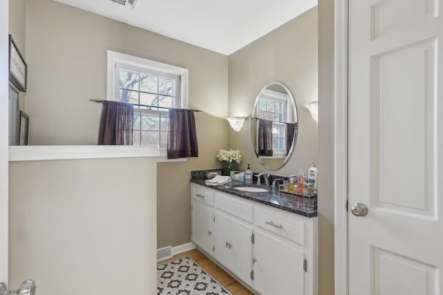 bathroom featuring visible vents, vanity, and baseboards