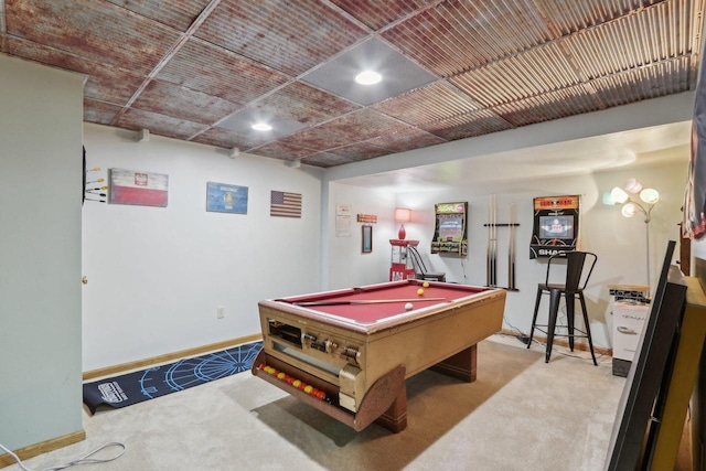 game room with pool table, carpet flooring, and baseboards