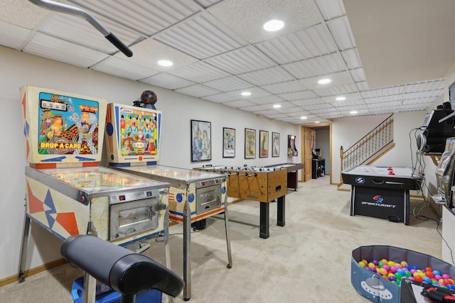 game room featuring carpet floors, a paneled ceiling, and recessed lighting