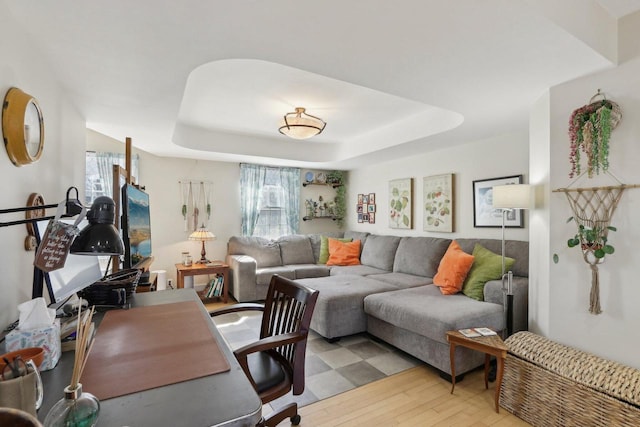 living area with light wood-style floors and a raised ceiling