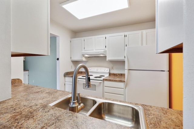 kitchen with white appliances, light countertops, under cabinet range hood, white cabinetry, and a sink