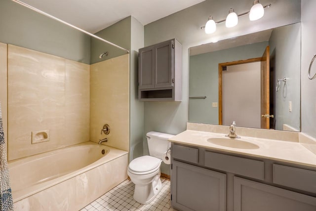 bathroom with toilet, shower / tub combination, tile patterned flooring, and vanity