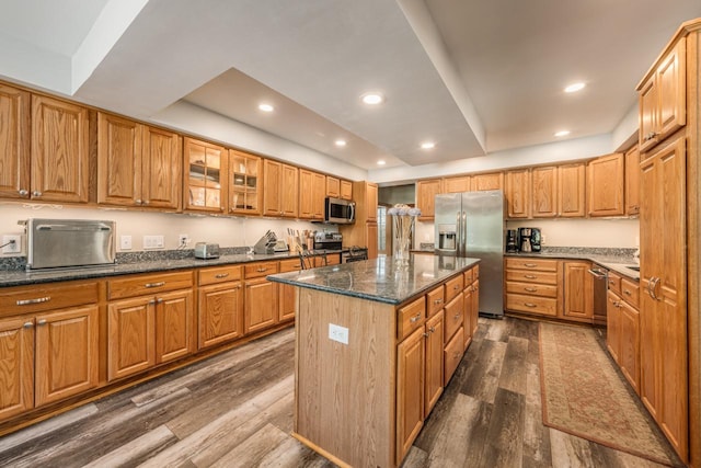 kitchen featuring appliances with stainless steel finishes, dark wood-style flooring, a kitchen island, and recessed lighting