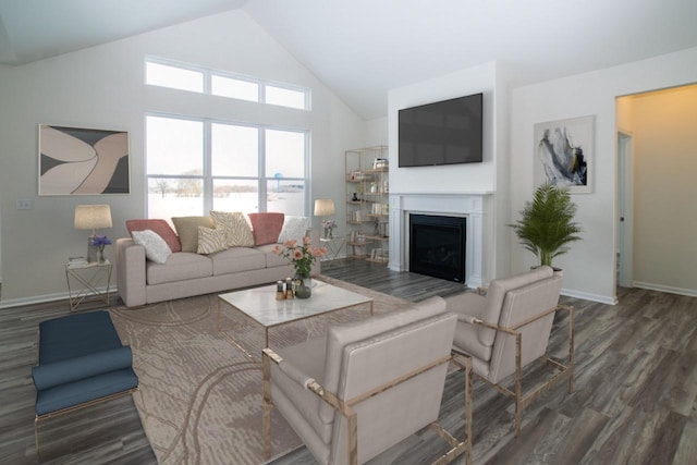 living area featuring high vaulted ceiling, a fireplace, wood finished floors, and baseboards