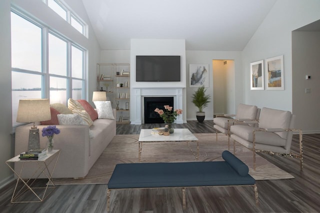 living room featuring high vaulted ceiling, a fireplace, wood finished floors, and baseboards