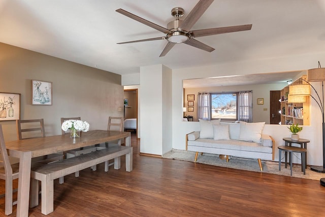 dining area with ceiling fan and wood finished floors