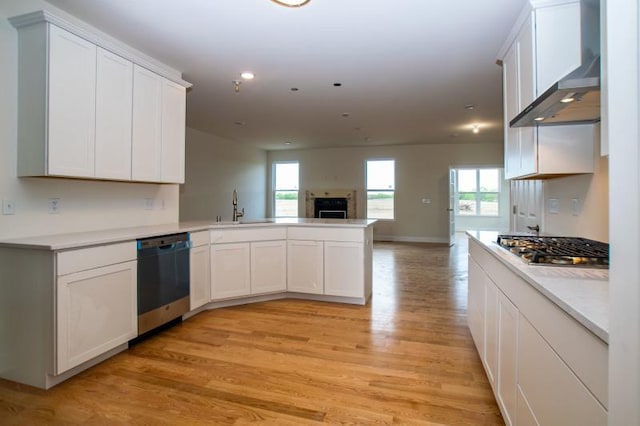 kitchen with dishwashing machine, a peninsula, a sink, open floor plan, and stainless steel gas stovetop