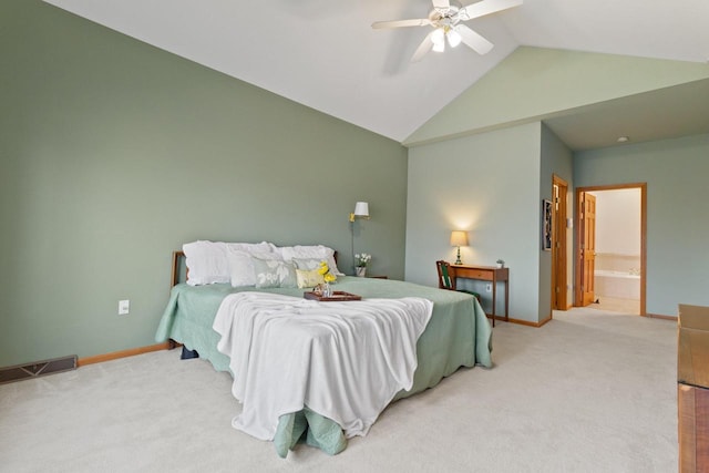 bedroom with visible vents, baseboards, carpet flooring, and vaulted ceiling