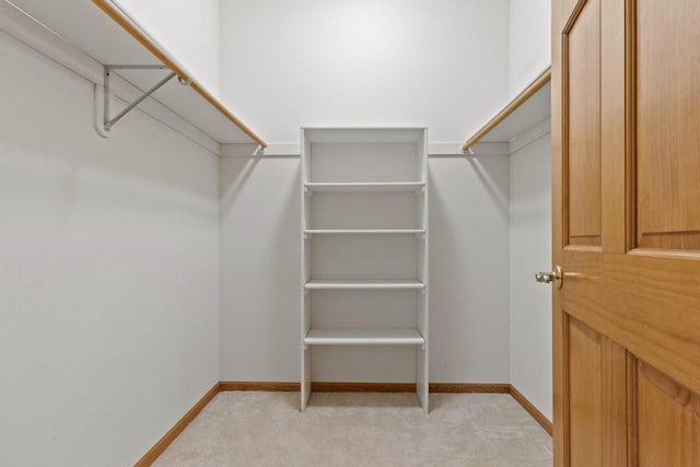 spacious closet featuring light colored carpet