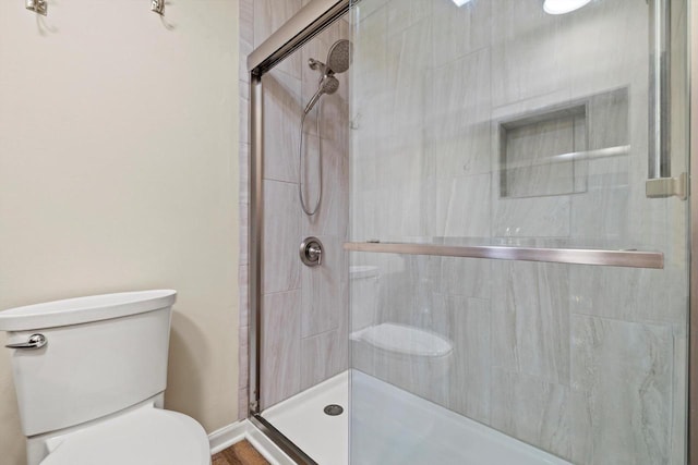 bathroom with toilet and a shower stall