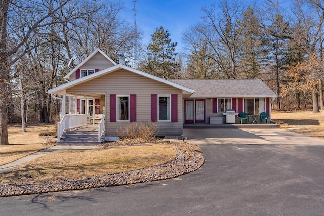 view of front facade with driveway, a porch, and roof with shingles