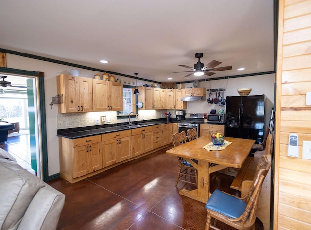 kitchen with appliances with stainless steel finishes, dark countertops, a sink, and ceiling fan