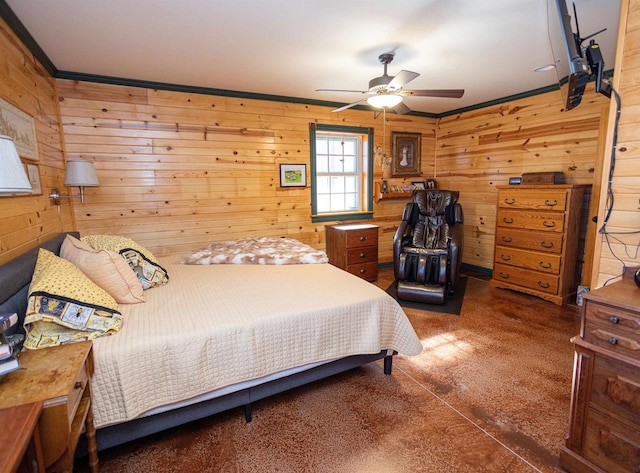 bedroom with crown molding, wooden walls, and a ceiling fan