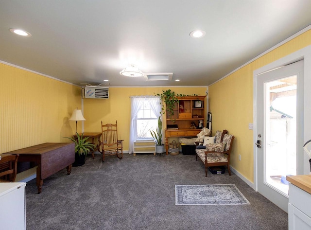 living area with baseboards, dark colored carpet, recessed lighting, and crown molding